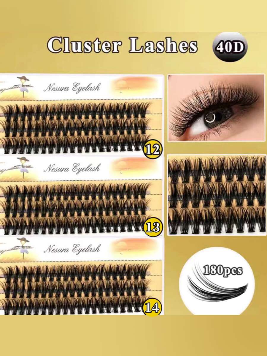 False Eyelashes,3Boxes(180 Clusters) 12-14Mm 40D Thick & Long False Eyelashes Volumized Fake Eyelashes Fake Eyelashes Strip - Black - View 1