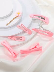 7入組純色精緻粉色少女髮夾及配件