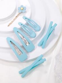 7入組可愛女孩實色髮夾,多巴胺藍色