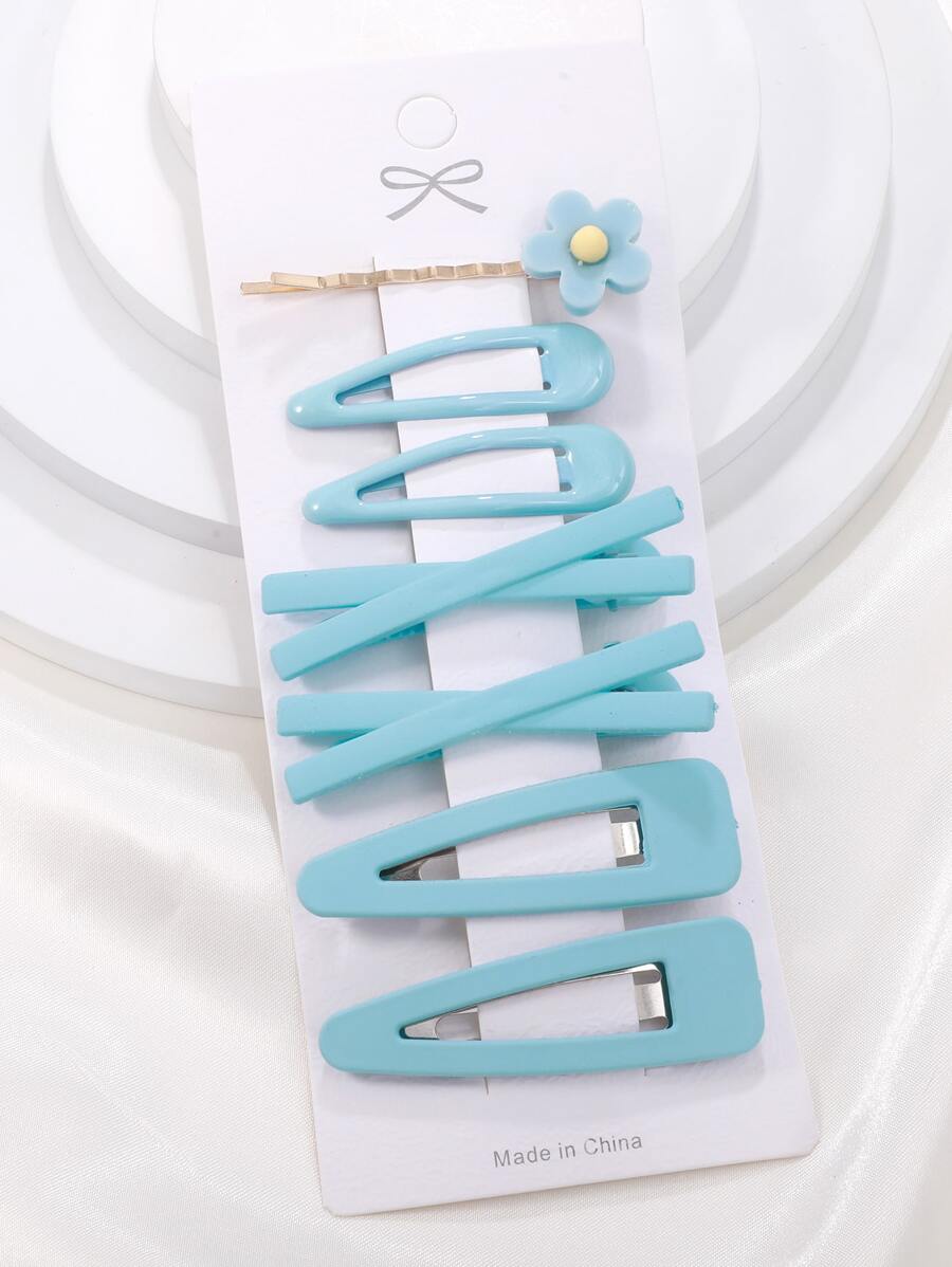 7入組可愛女孩實色髮夾,多巴胺藍色