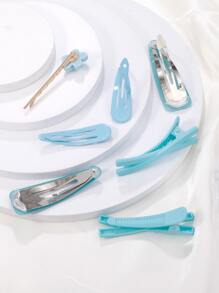 7入組可愛女孩實色髮夾,多巴胺藍色