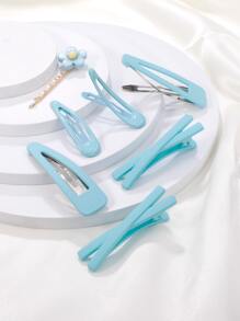 7入組可愛女孩實色髮夾,多巴胺藍色