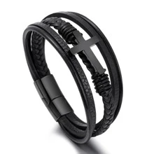 Men Cross Decor Layered Braided Bracelet Cow Leather Black - Black - View 3