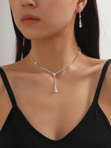 Set de 2 piezas: Collar con colgante largo y aretes, juego de joyería elegante de novia para boda y fiesta - Plateado - Ver 10