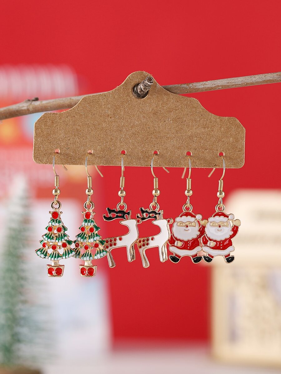 3 cặp/bộ Cây Thông Noel, Ông Già Noel, Hươu Thiết Kế Tòn Ten Bông Tai Tinh Dầu Giọt Mặt Dây Chuyền Giáng Sinh Trang Sức - Nhiều màu - Xem 1