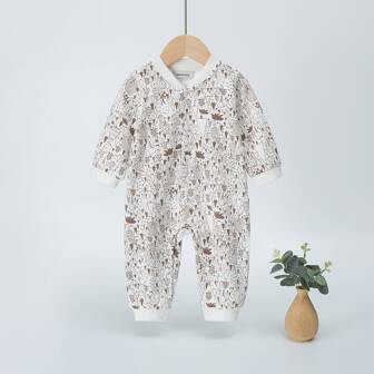 YINGZIFANG 男嬰可愛植物圖案前鈕扣連身褲彈簧秋天