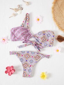 Bikinx Summer Beach Asymmetric Allover Print Tie Neck Drawstring Top And Briefs Bikini Set - Multicolor - View 2