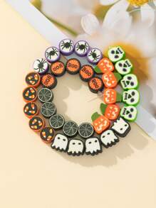 1 Strand Halloween Themed Printed Diy Polymer Clay Accessories, Including Skull Head, Ghost, Pumpkin, Spider Shaped 1.5mm Straight Hole Beads For Necklace, Bracelet, Waist Chain, Earring Making, Festival Decoration, Gifts - Multicolor - View 1