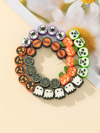 1鋼絞線萬聖節主題圖案DIY聚合物粘土配件,包括骷髏頭,鬼,南瓜,蜘蛛形狀1.5mm直筒洞珠子適用於項鍊,手環,腰鏈,耳環製作,節日裝飾,禮物