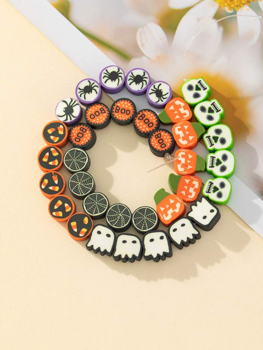 1 Strand Halloween Themed Printed Diy Polymer Clay Accessories, Including Skull Head, Ghost, Pumpkin, Spider Shaped 1.5mm Straight Hole Beads For Necklace, Bracelet, Waist Chain, Earring Making, Festival Decoration, Gifts - Multicolor - View 1