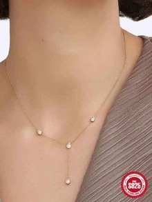 1入組欖尖形方晶鋯石S925純銀Y項鍊女式時尚精美項鍊