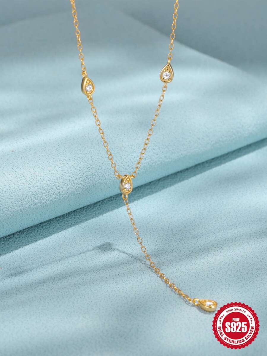 1入組欖尖形方晶鋯石S925純銀Y項鍊女式時尚精美項鍊