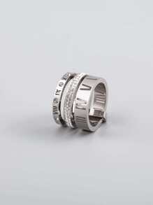 1 pièce Anneau de luxe en acier inoxydable à trois anneaux avec incrustation de strass, chiffres romains et motif ajouré, cadeau d'anniversaire pour homme
