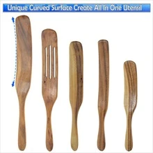 Spurtle Kitchen Cooking Utensil 5pcs Set Teak Wood Non Stick Wooden Spatula Spoon - 棕色 - 查看 6