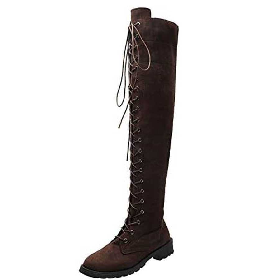 Women's Over The Knee Low Heel Lace Up Tall Boots - 咖啡棕 - 查看 1