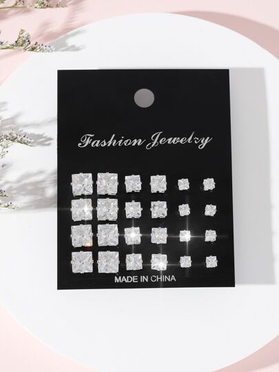 12 paires de boucles d'oreilles dormeuses rondes, carrées et en forme de cœur en zircone cubique. Cadeau pour la Saint-Valentin, maman, mère, fête des mères