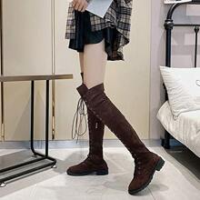 Women's Over The Knee Low Heel Lace Up Tall Boots - 咖啡棕 - 查看 3