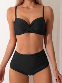 Bikini de tiras finas y cintura alta con pliegues en color negro, traje de baño de estilo bohemio con alta elasticidad para mujer, adecuado para la playa, la piscina y las vacaciones - Negro - Ver 3