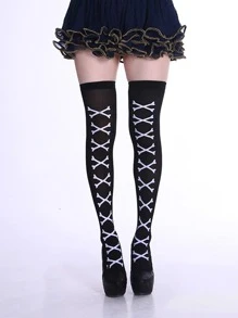 1pair Graphic Over The Knee Socks, Halloween - Black - View 3