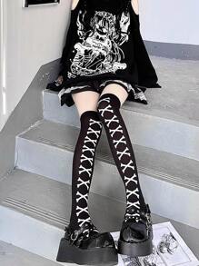 1pair Graphic Over The Knee Socks, Halloween - Black - View 1