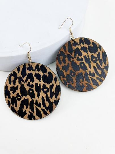 1 Pair Women Fashion Exaggerated Plus Size Leopard Print Wooden Pendant Earrings