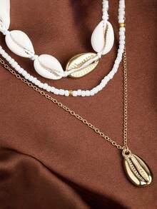 3pcs Bohemian Style Handmade Woven Natural Shell Beads Rice Beads Necklace, Multi-layered Beach Collarbone Chain - Yellow Gold - View 3