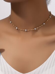 1pc Delicate Rhinestone Decor Necklace, Fashionable And Versatile - Yellow Gold - View 1