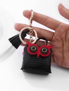 1入組時尚創意貓頭鷹設計皮夾鑰匙圈,精美收納迷你包吊墜鑰匙鏈裝飾用品 - 黑色 - 查看 4