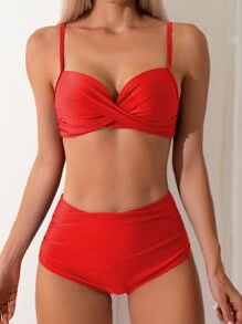 红色高腰荷叶边比基尼，波西米亚风吊带泳衣，高弹舒适