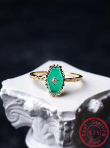 Nhẫn Bạc Nữ S925 Phong Cách Vintage Đính Đá Xanh, Trang Sức Sang Trọng Và Đa Năng - Vàng - Xem 1