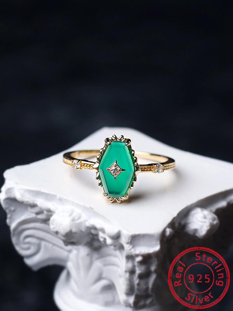 Nhẫn Bạc Nữ S925 Phong Cách Vintage Đính Đá Xanh, Trang Sức Sang Trọng Và Đa Năng - Vàng - Xem 1
