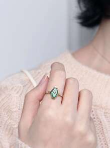 Nhẫn Bạc Nữ S925 Phong Cách Vintage Đính Đá Xanh, Trang Sức Sang Trọng Và Đa Năng - Vàng - Xem 2