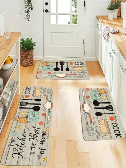 1入組家用廚房墊，豐富廚房生活，餐具印花，防滑走廊陽台地毯，洗衣房地墊，入口門墊，家用地毯長
