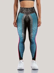 High Waist Digital Print Sports Leggings - Blue - View 2