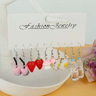 AIDSOTOU 5 pares de aretes divertidos y extraños para mujeres, aretes únicos y originales, botella de hongos, fresas, huevos, aretes colgantes estéticos divertidos para adolescentes y niñas, paquete múltiple
