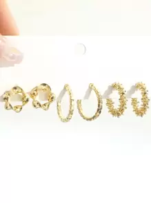 3 đôi bông tai hình chữ C nhỏ tối giản với thiết kế hình tròn xoắn & hình học - Vàng - Xem 1