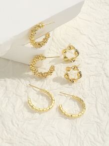 3 đôi bông tai hình chữ C nhỏ tối giản với thiết kế hình tròn xoắn & hình học - Vàng - Xem 4