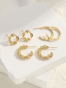 3 đôi bông tai hình chữ C nhỏ tối giản với thiết kế hình tròn xoắn & hình học - Vàng - Xem 3