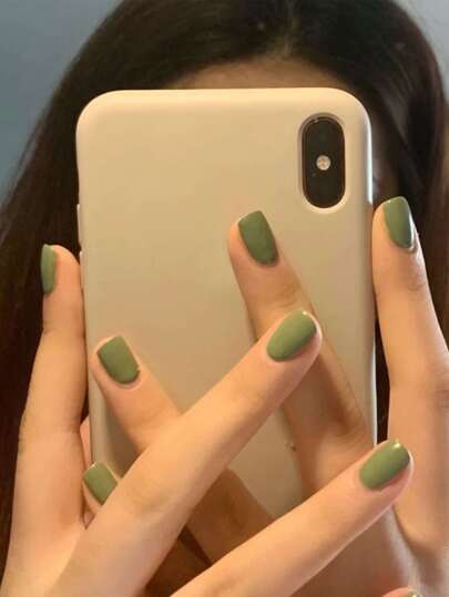 24入組抹茶綠色光澤壓克力假指甲，短方形實色極簡全套假指甲套裝，美甲工具