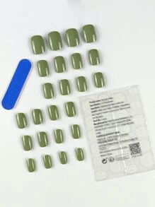 Get Glamorous With 24pcs Matcha Green Glossy Press On Nails, Short Square Solid Color Minimalist Full Cover Fake Nail Set Nail Supplies