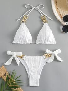 Chain Linked Halter Triangle Bikini Set Summer