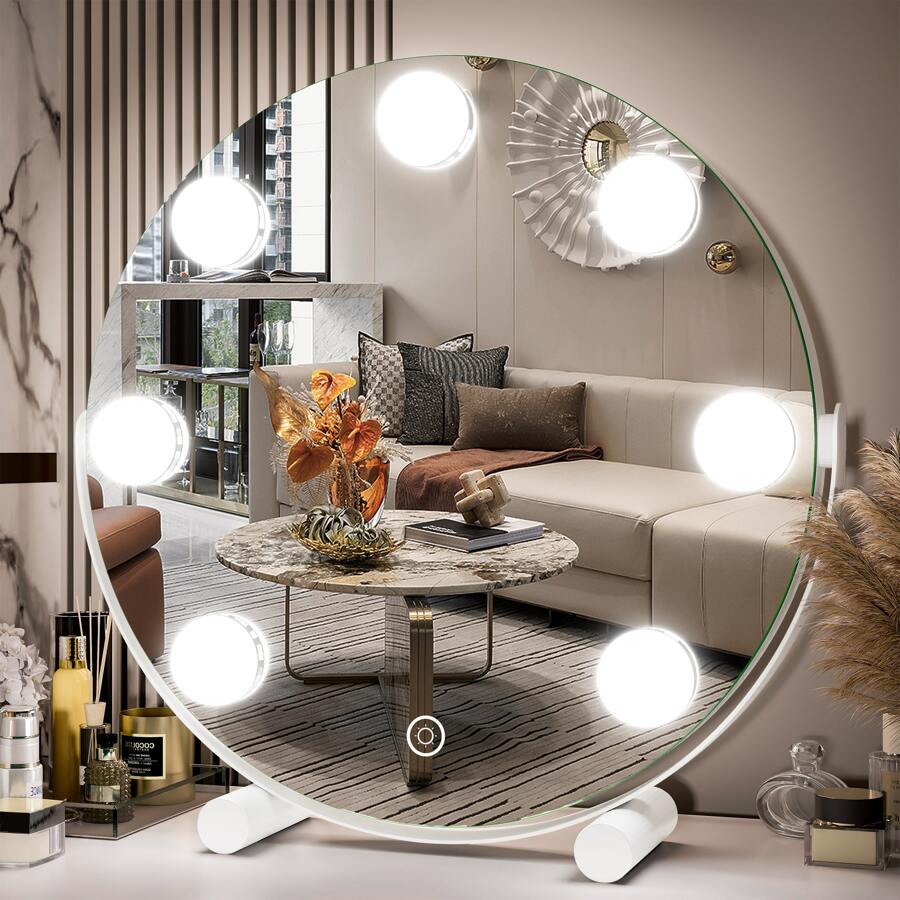 Espejo de tocador redondo de 12 pulgadas con 7 bombillas, espejo de maquillaje regulable con luces LED para mesa de dormitorio, control táctil inteligente, 3 modos de color, rotación de 360 grados (blanco) - Blanco - Ver 1