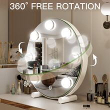 Espejo de tocador redondo de 12 pulgadas con 7 bombillas, espejo de maquillaje regulable con luces LED para mesa de dormitorio, control táctil inteligente, 3 modos de color, rotación de 360 grados (blanco) - Blanco - Ver 5