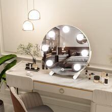 Espejo de tocador redondo de 12 pulgadas con 7 bombillas, espejo de maquillaje regulable con luces LED para mesa de dormitorio, control táctil inteligente, 3 modos de color, rotación de 360 grados (blanco) - Blanco - Ver 7