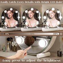 Espejo de tocador redondo de 12 pulgadas con 7 bombillas, espejo de maquillaje regulable con luces LED para mesa de dormitorio, control táctil inteligente, 3 modos de color, rotación de 360 grados (blanco) - Blanco - Ver 3