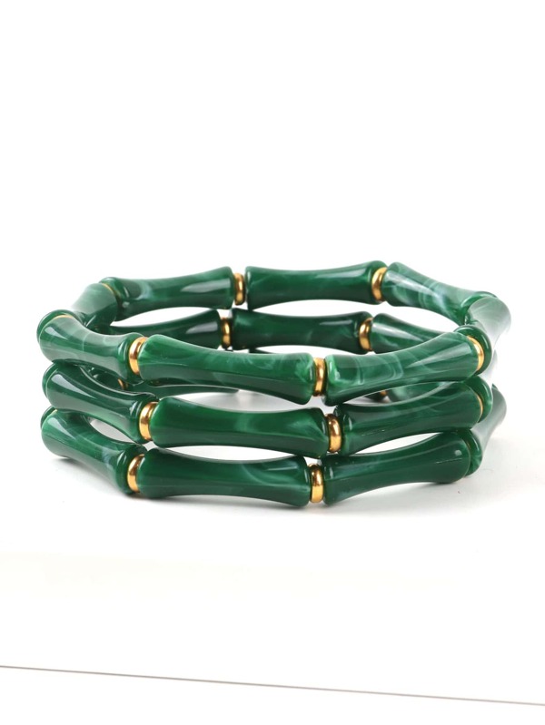 1 Set Of 3 Acrylic Marble Pattern Green Bamboo Bead Stacking Bracelets, Suitable For Women's Everyday Wear