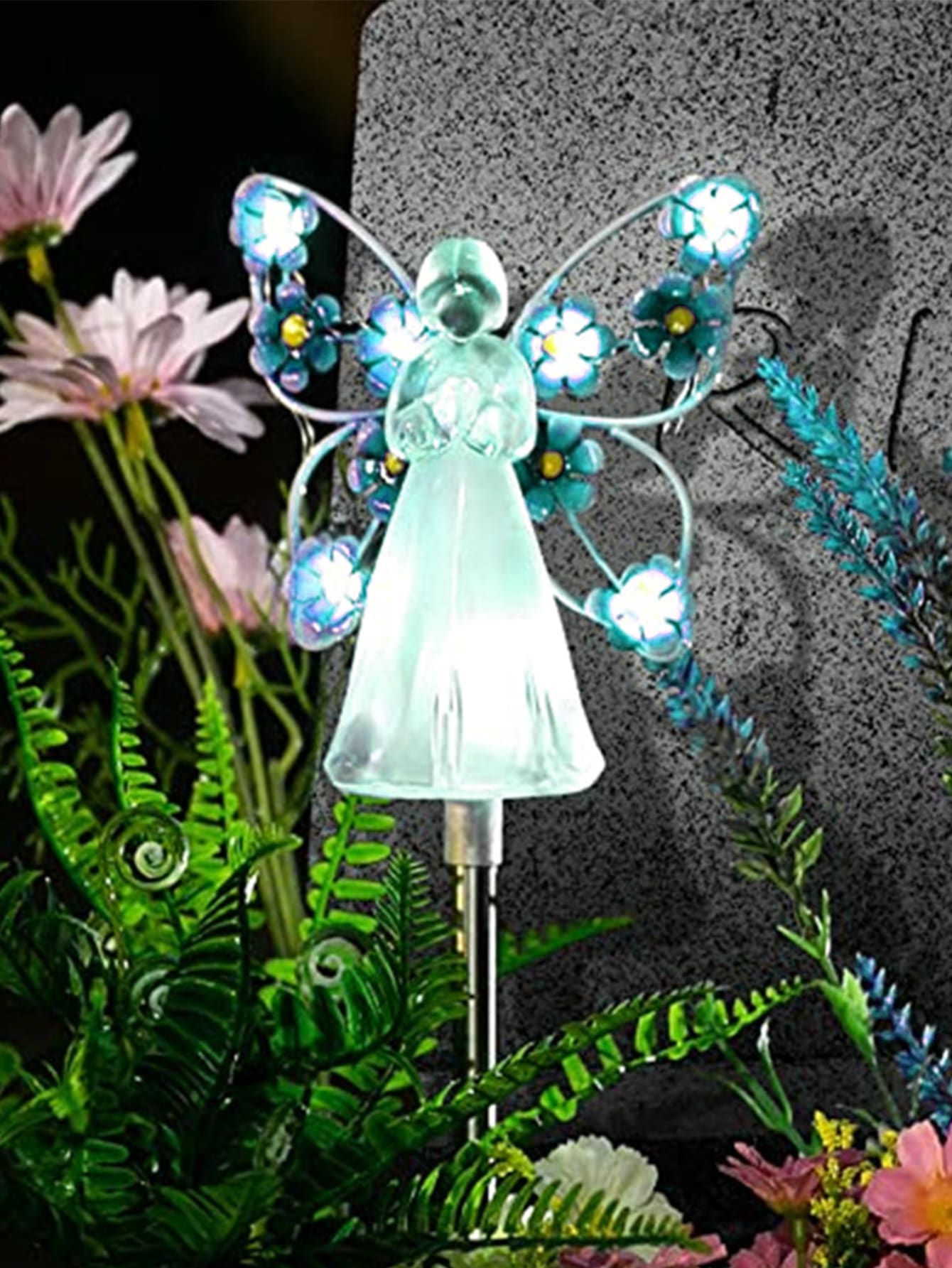 1pc PC Solar Lawn Lamp, Modernist Flower Decor Angel Design Waterproof Solar Pathway Light For Garden, Outdoor Garden Lighting For Pathway, Yard, Patio - Blue - View 1
