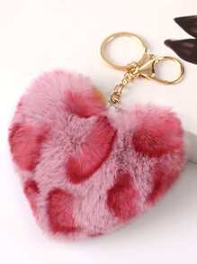 豹紋心形毛絨鑰匙扣，女孩子包包車鑰匙DIY掛件鑰匙圈龍蝦扣鑰匙鍊裝飾配件 - 西瓜粉 - 查看 1