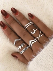 7pcs/set Vintage Style Multi-element Tree Leaf Ring Set, Personality Moon & Criss-cross & Simple Joint Ring