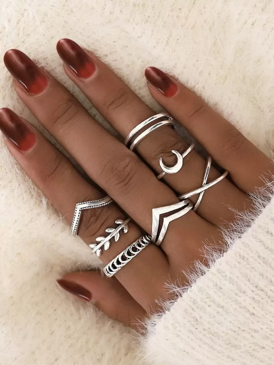 7pcs/set Vintage Style Multi-element Tree Leaf Ring Set, Personality Moon & Criss-cross & Simple Joint Ring